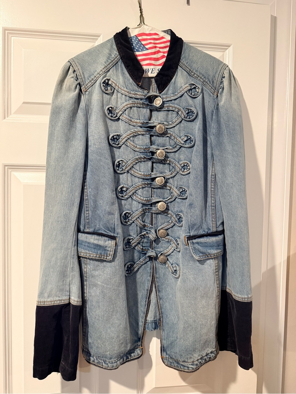 Free People Light Blue Denim Military Jacket with Black Trim